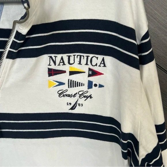 Nautica Navy and White Striped Quarter-Zip Polo Long Sleeve‎ - Picture 3 of 6